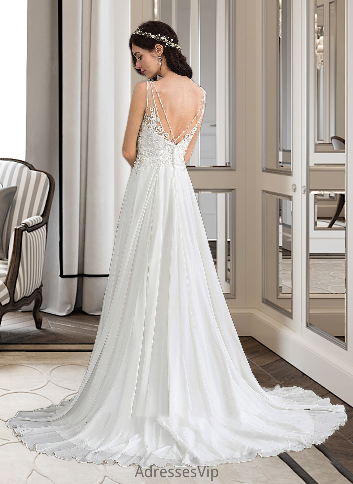 Valeria A-Line V-neck Sweep Train Chiffon Wedding Dress With Beading Sequins Split Front HCP0013806