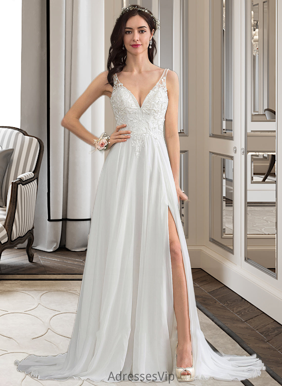 Valeria A-Line V-neck Sweep Train Chiffon Wedding Dress With Beading Sequins Split Front HCP0013806