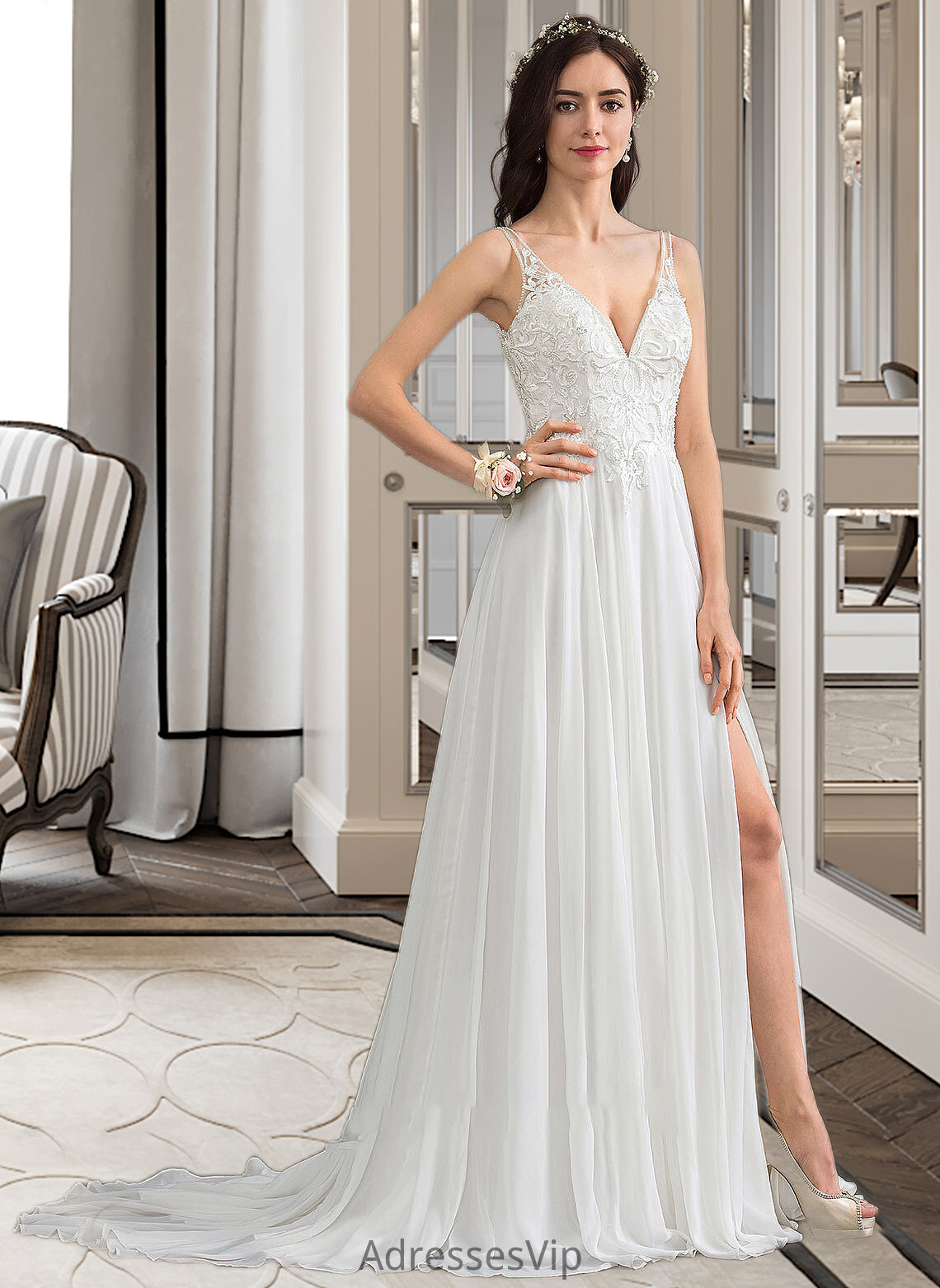 Valeria A-Line V-neck Sweep Train Chiffon Wedding Dress With Beading Sequins Split Front HCP0013806