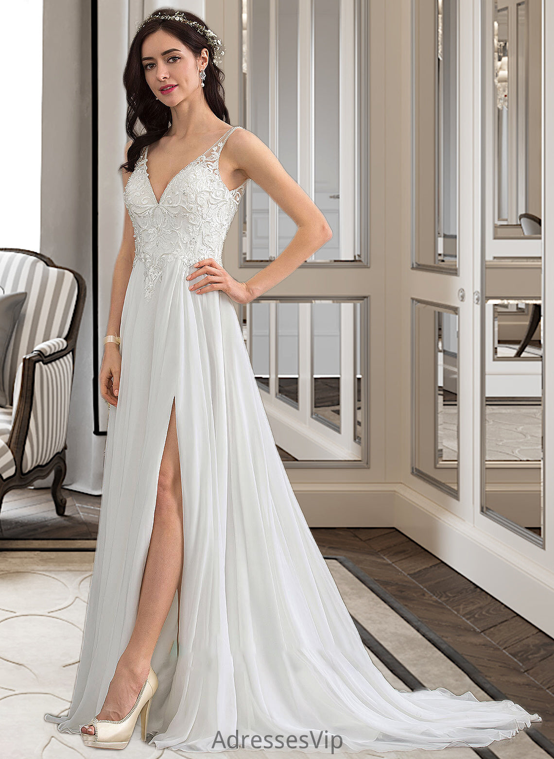 Valeria A-Line V-neck Sweep Train Chiffon Wedding Dress With Beading Sequins Split Front HCP0013806