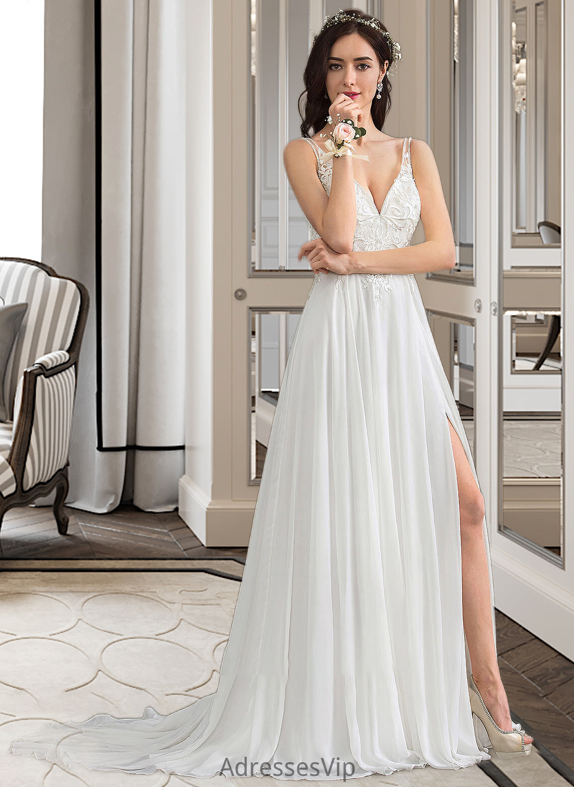 Valeria A-Line V-neck Sweep Train Chiffon Wedding Dress With Beading Sequins Split Front HCP0013806