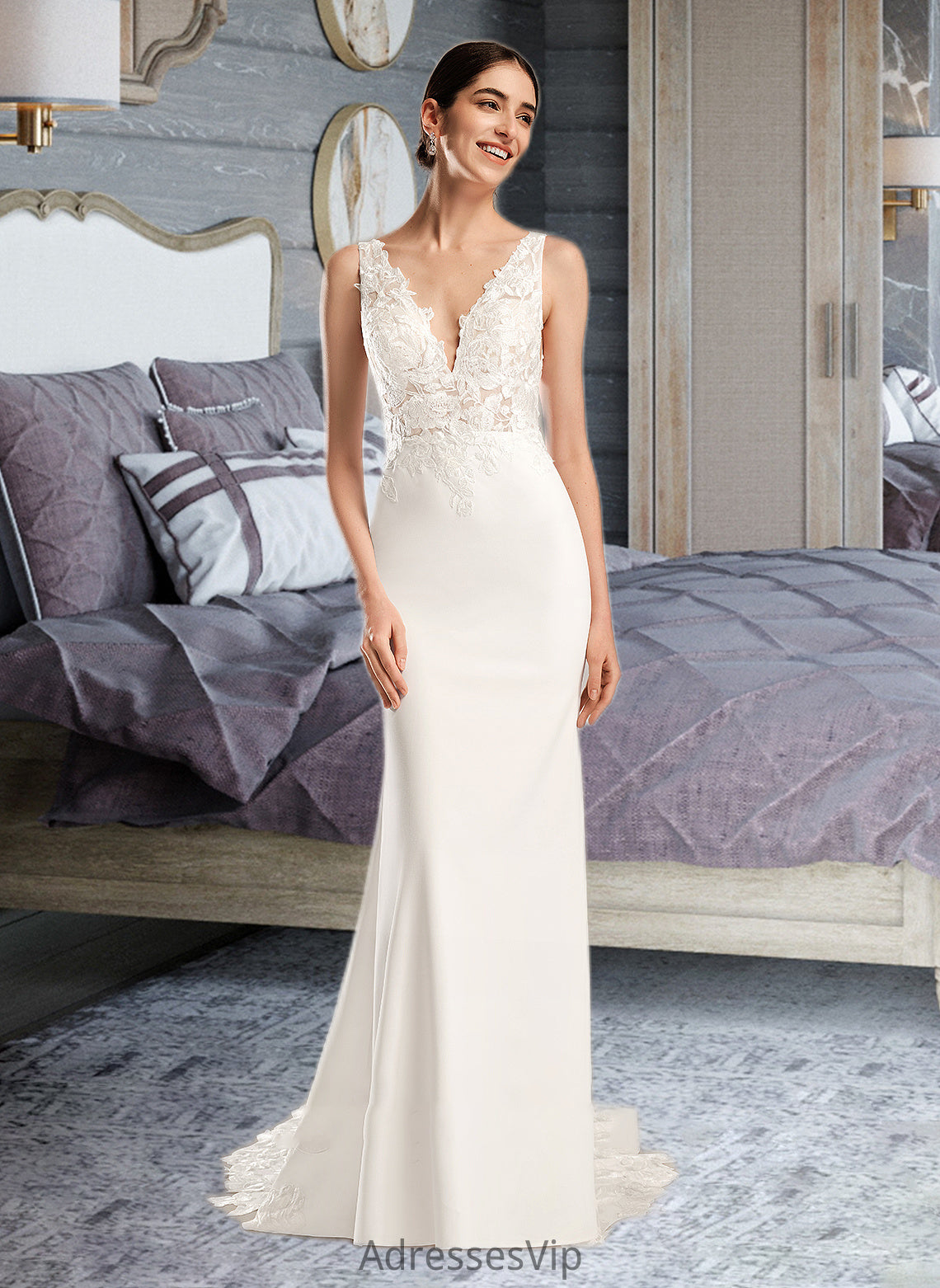 Hayden Sheath/Column V-neck Court Train Wedding Dress With Sequins HCP0013807