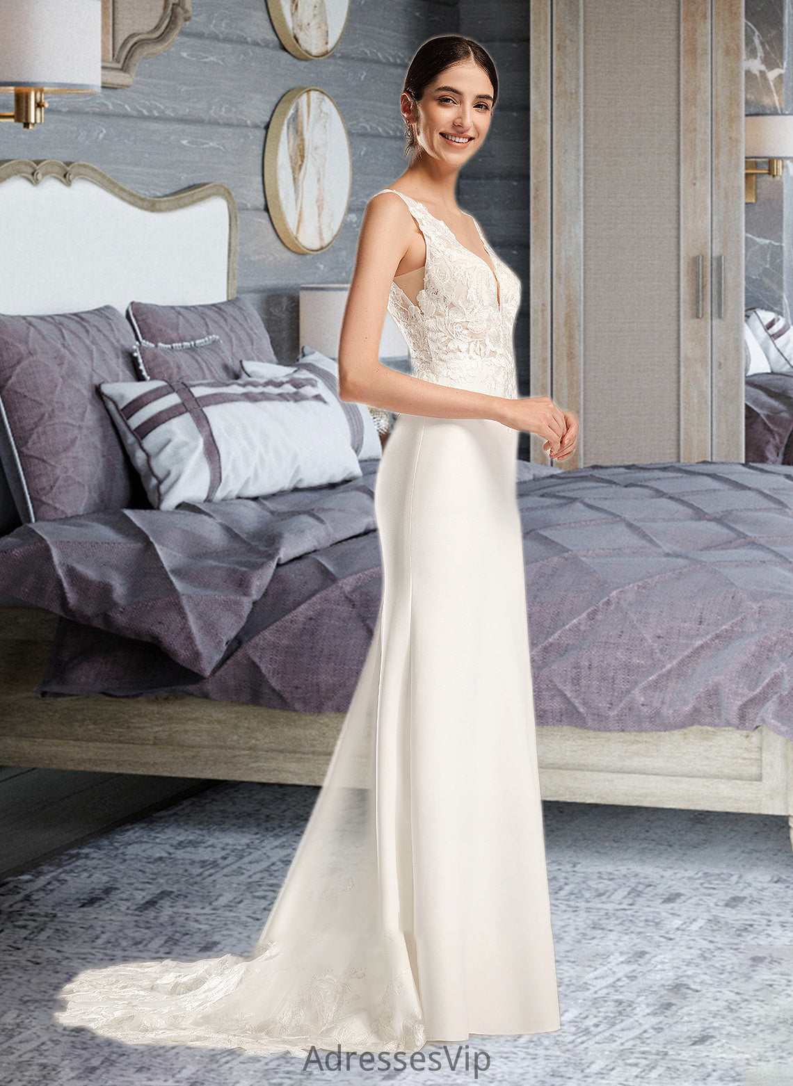 Hayden Sheath/Column V-neck Court Train Wedding Dress With Sequins HCP0013807