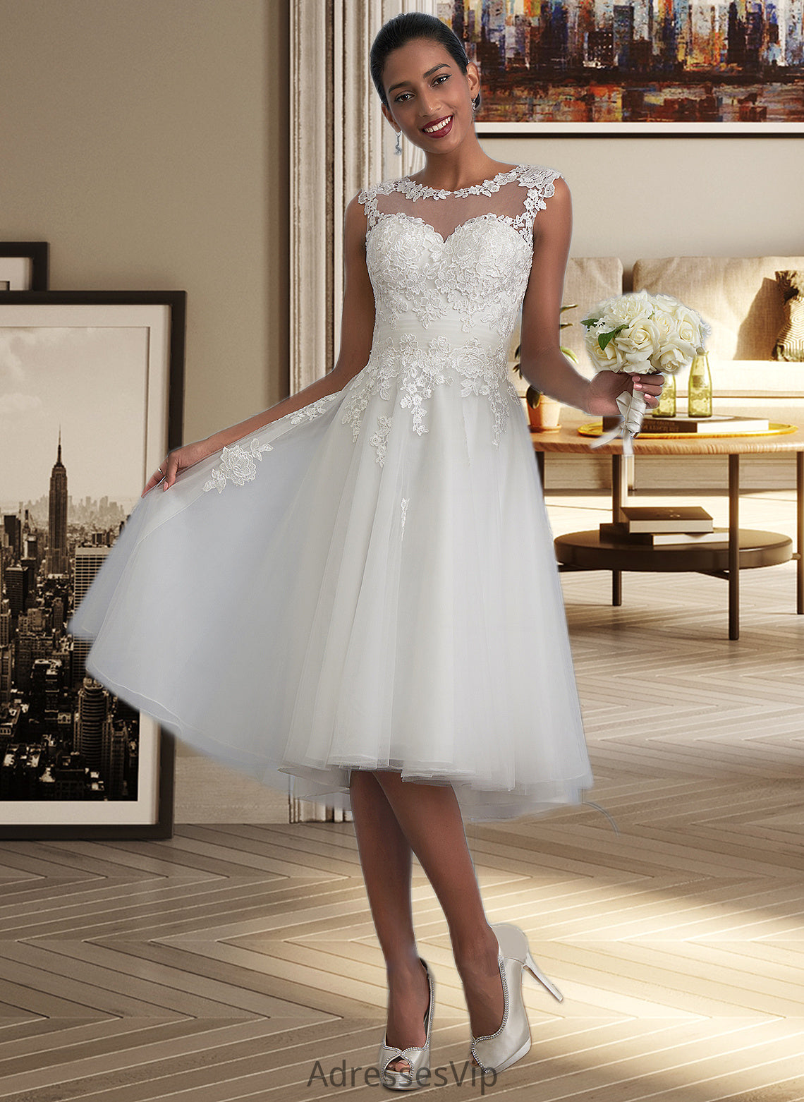 Lauretta A-Line Illusion Asymmetrical Tulle Wedding Dress With Ruffle HCP0013808