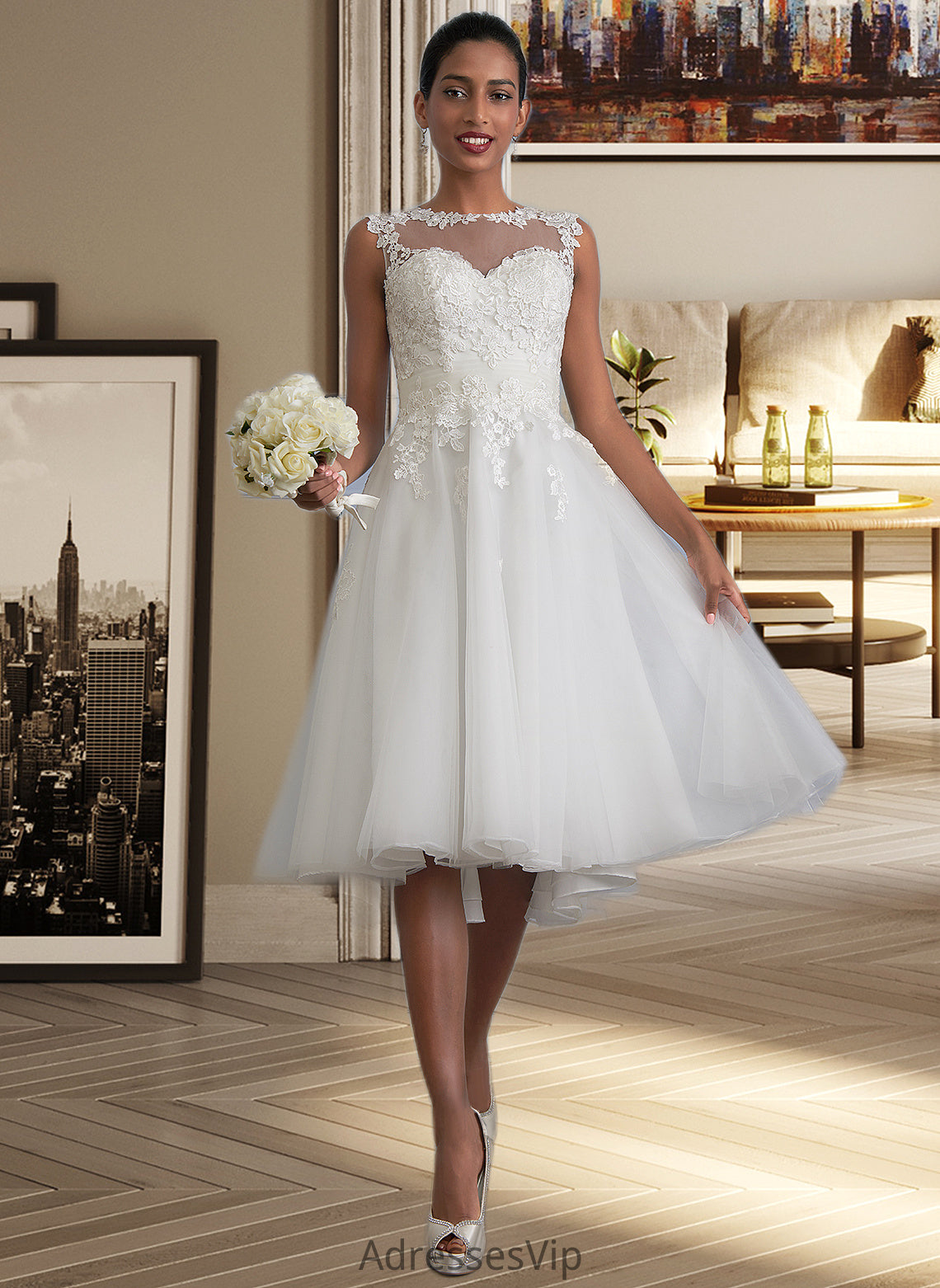 Lauretta A-Line Illusion Asymmetrical Tulle Wedding Dress With Ruffle HCP0013808