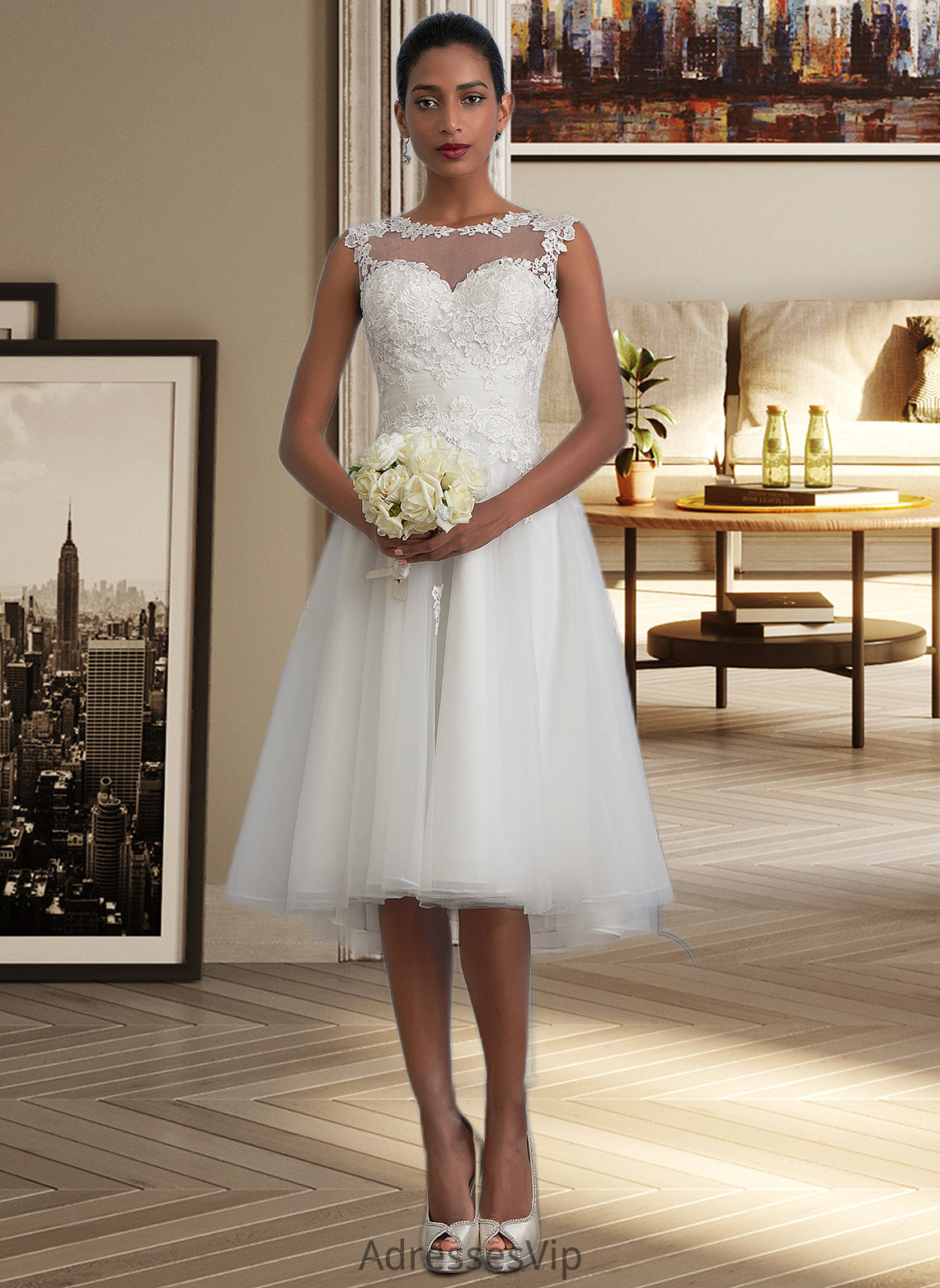 Lauretta A-Line Illusion Asymmetrical Tulle Wedding Dress With Ruffle HCP0013808