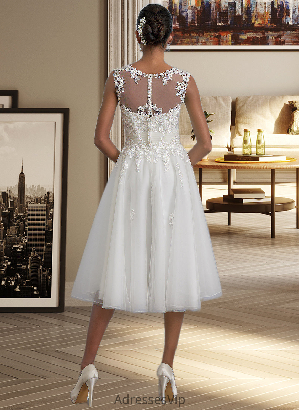 Lauretta A-Line Illusion Asymmetrical Tulle Wedding Dress With Ruffle HCP0013808