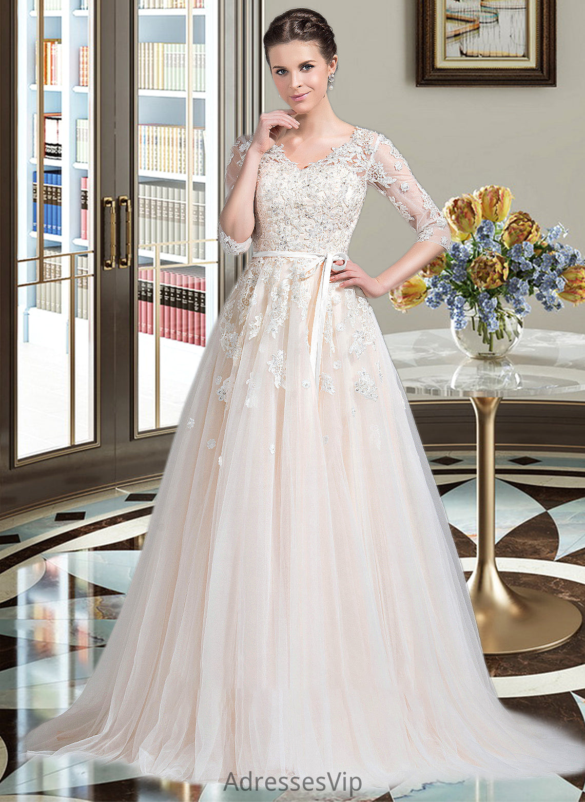 Nayeli Ball-Gown/Princess V-neck Court Train Tulle Wedding Dress With Beading Appliques Lace Sequins Bow(s) HCP0013809