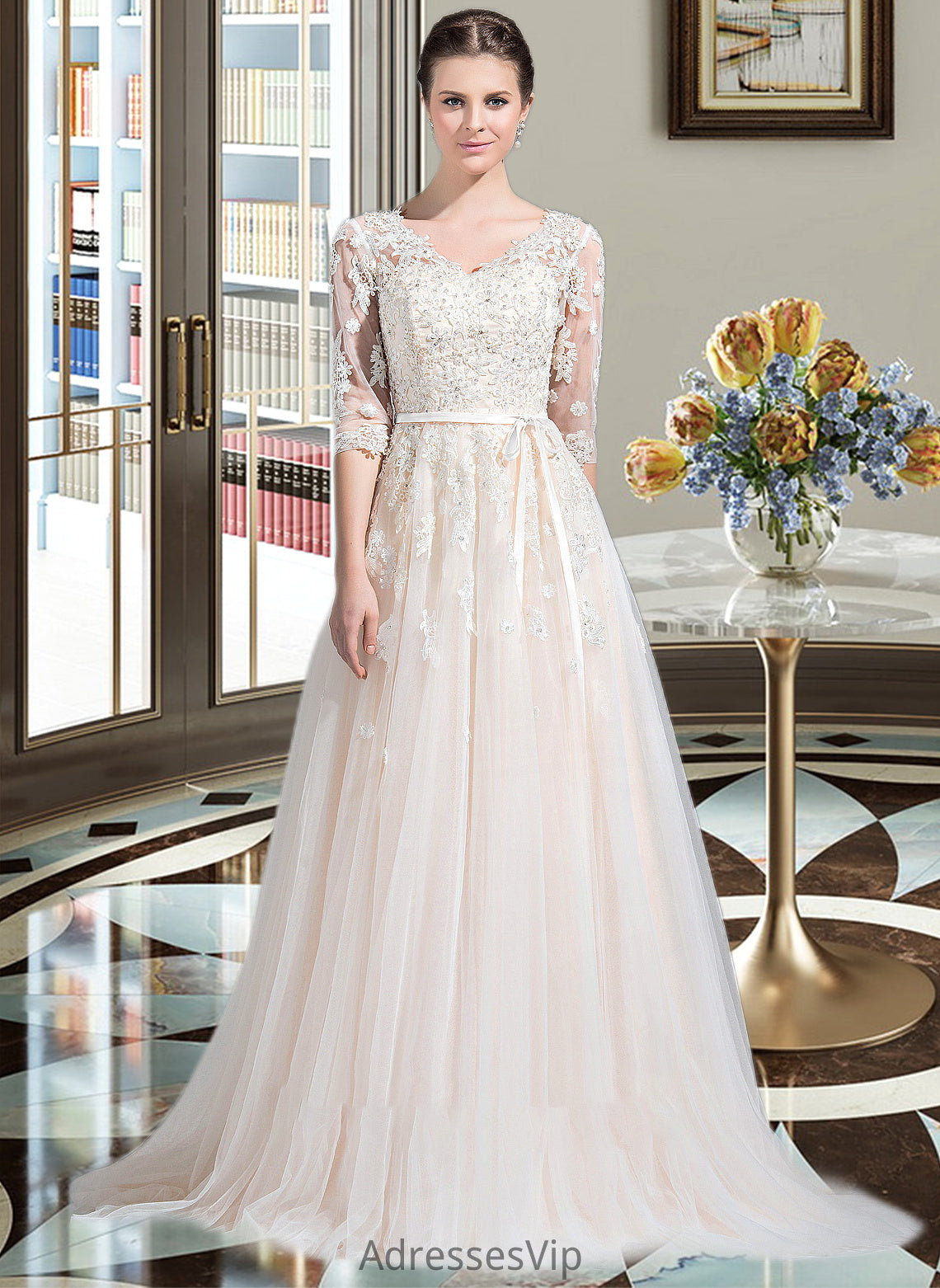 Nayeli Ball-Gown/Princess V-neck Court Train Tulle Wedding Dress With Beading Appliques Lace Sequins Bow(s) HCP0013809