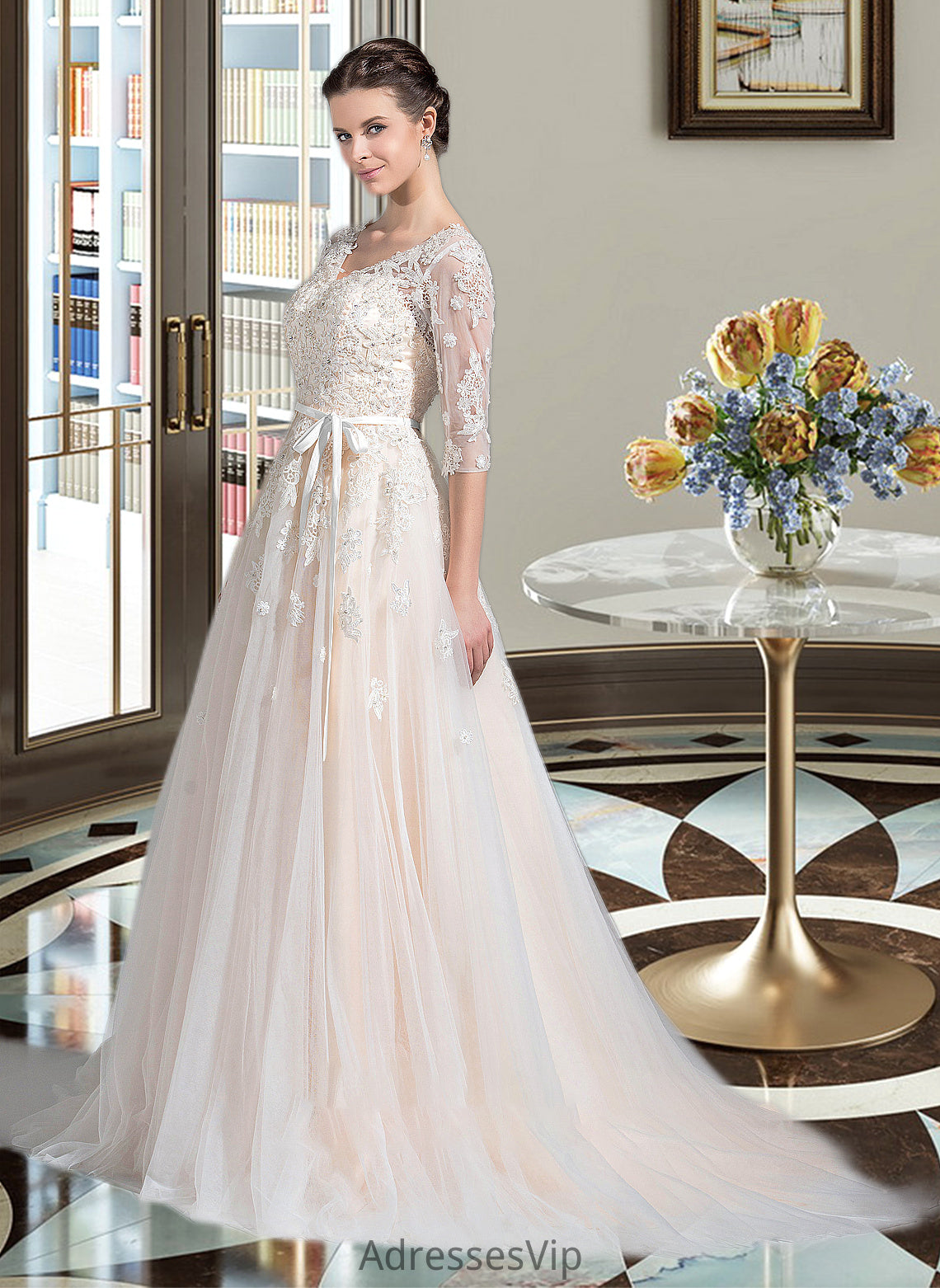 Nayeli Ball-Gown/Princess V-neck Court Train Tulle Wedding Dress With Beading Appliques Lace Sequins Bow(s) HCP0013809