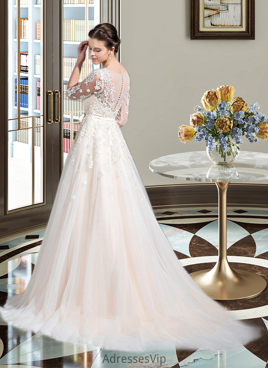 Nayeli Ball-Gown/Princess V-neck Court Train Tulle Wedding Dress With Beading Appliques Lace Sequins Bow(s) HCP0013809