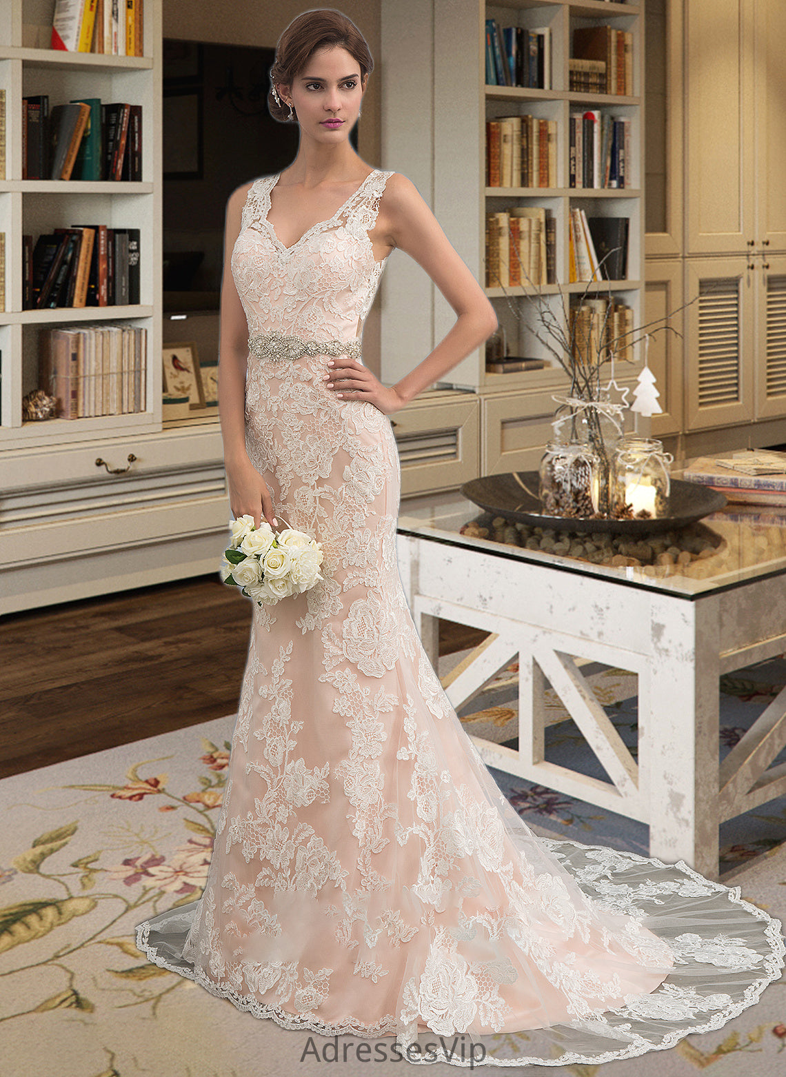 Kaitlynn Trumpet/Mermaid V-neck Chapel Train Tulle Lace Wedding Dress With Beading HCP0013810