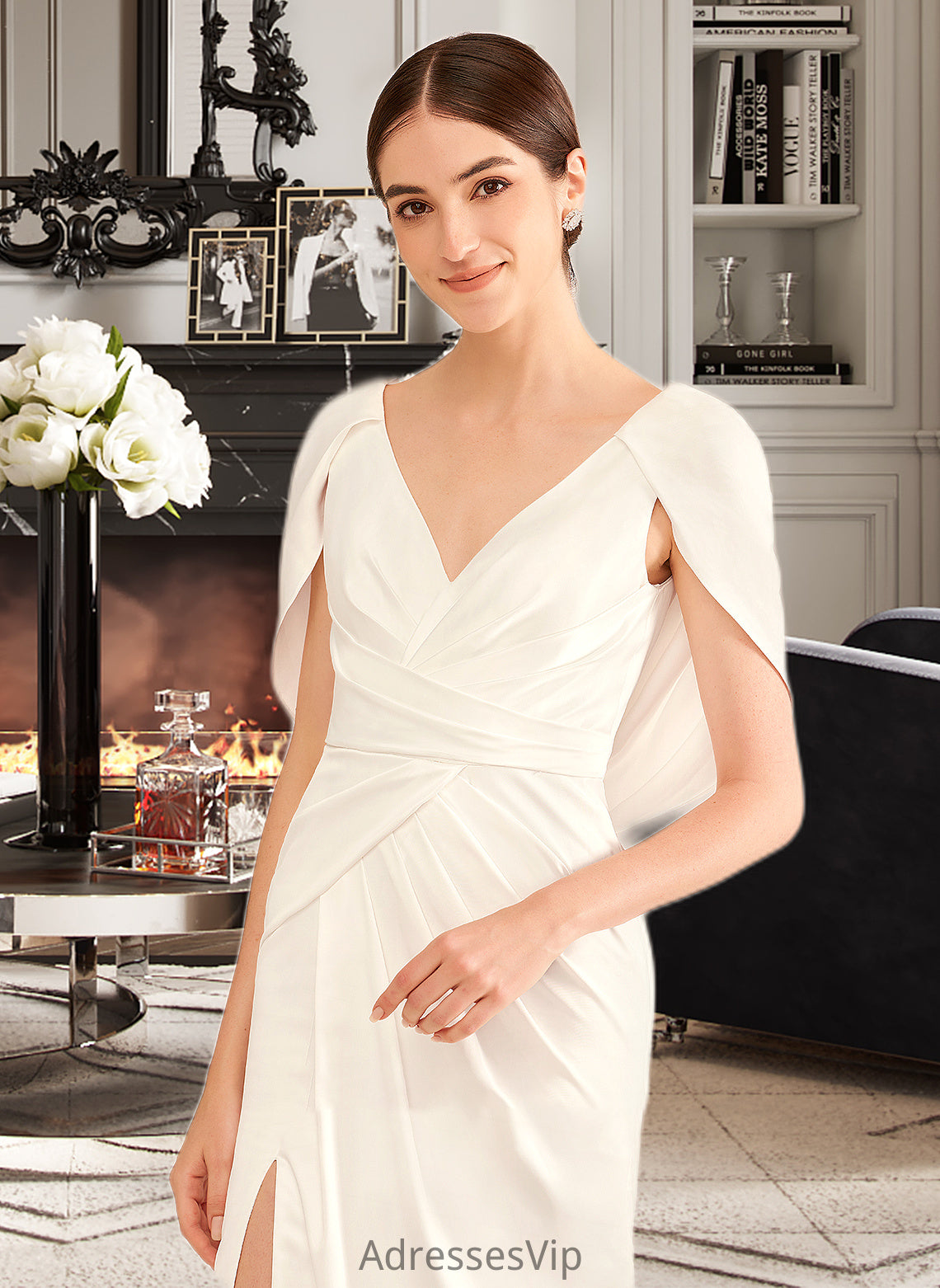 Naomi A-Line V-neck Sweep Train Wedding Dress With Ruffle HCP0013811