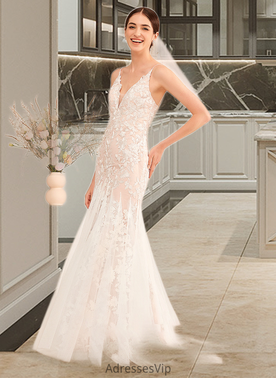 Adison Trumpet/Mermaid V-neck Court Train Wedding Dress With Lace HCP0013814