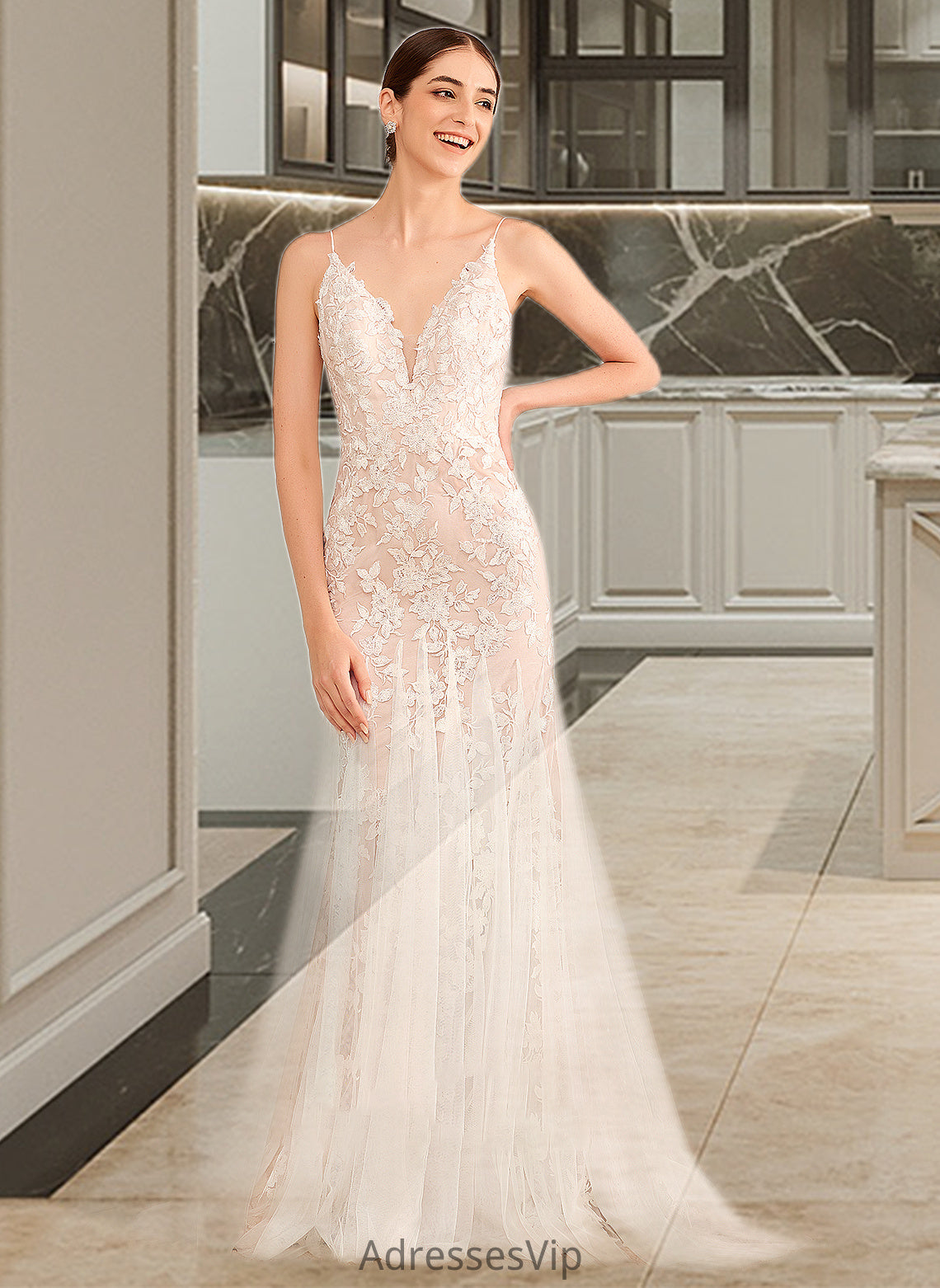 Adison Trumpet/Mermaid V-neck Court Train Wedding Dress With Lace HCP0013814