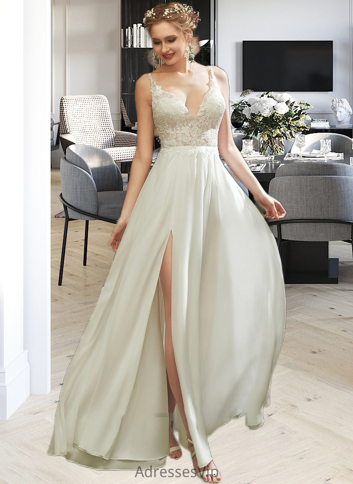 Aubrie A-Line V-neck Floor-Length Wedding Dress With Lace Split Front HCP0013815