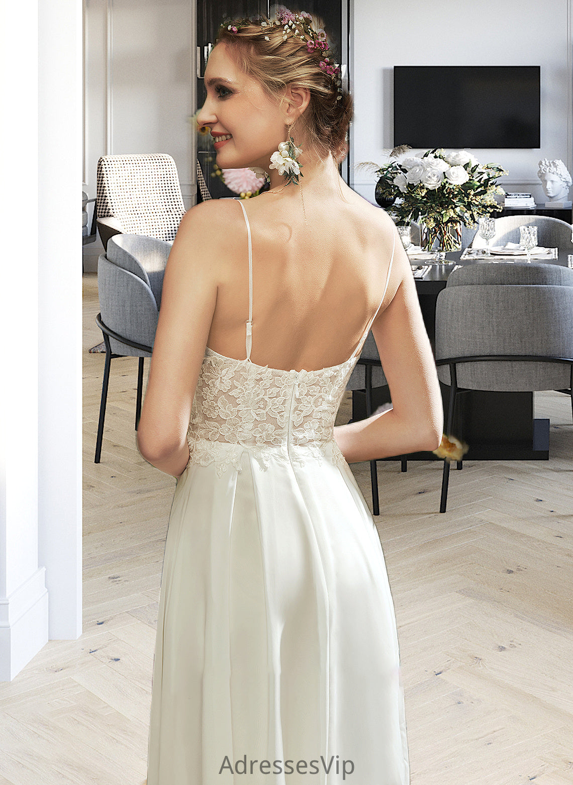 Aubrie A-Line V-neck Floor-Length Wedding Dress With Lace Split Front HCP0013815