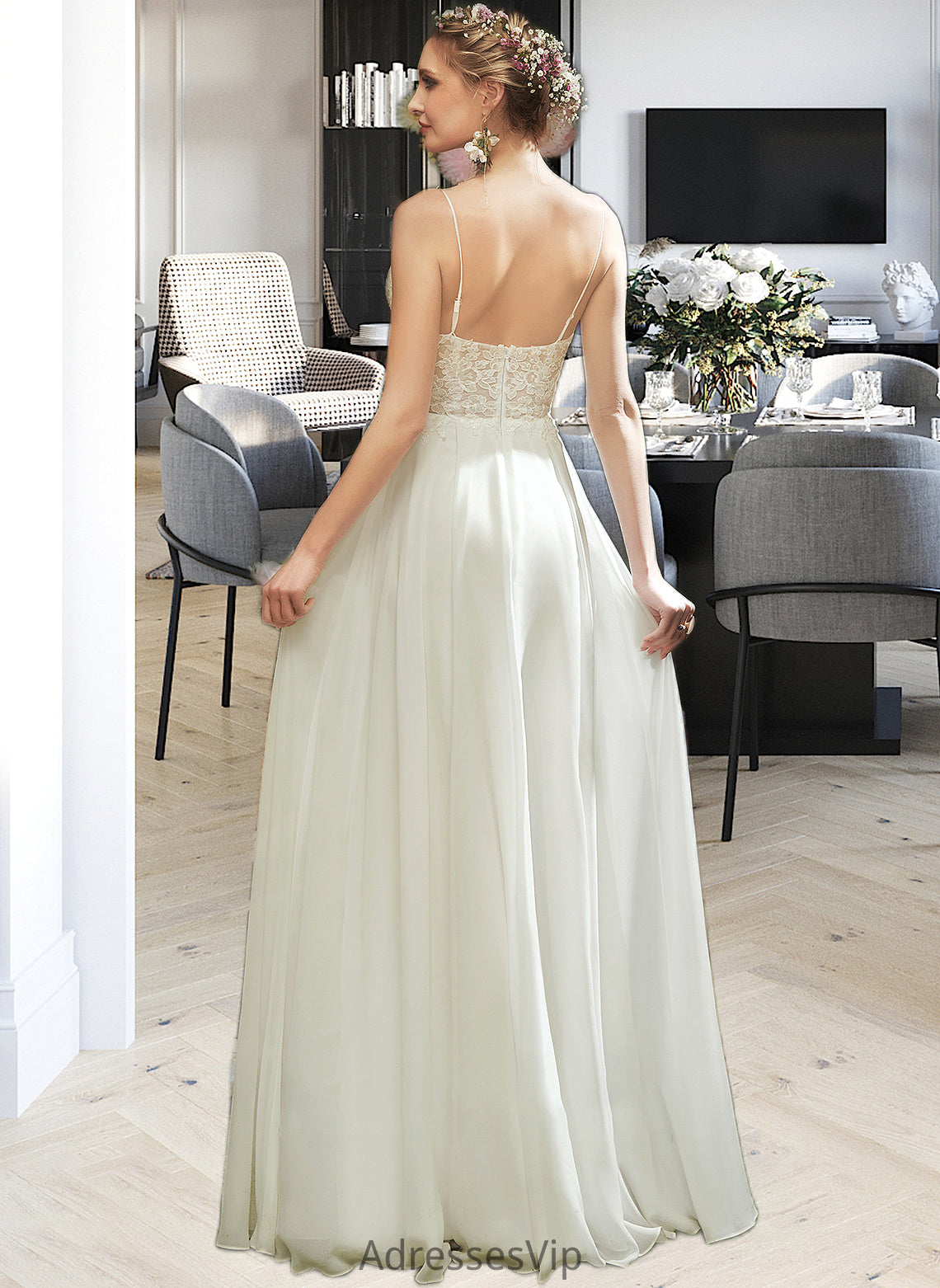 Aubrie A-Line V-neck Floor-Length Wedding Dress With Lace Split Front HCP0013815