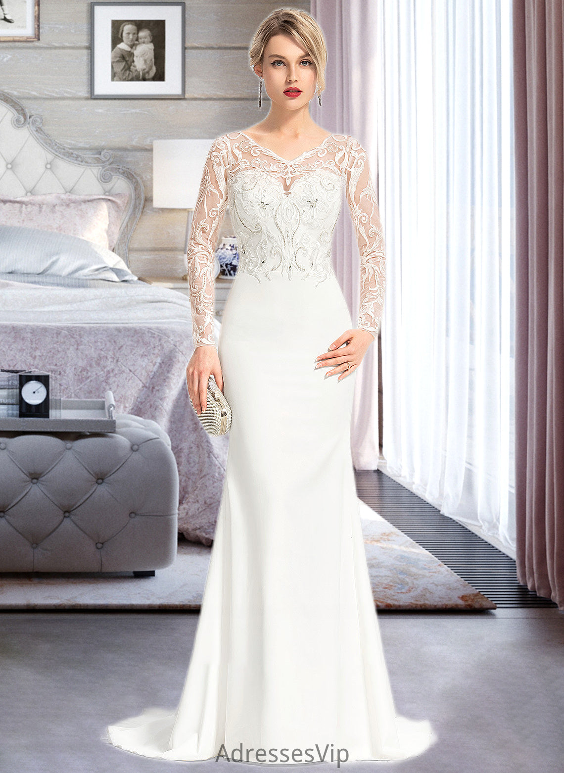 Caitlyn Trumpet/Mermaid V-neck Sweep Train Stretch Crepe Wedding Dress With Beading Sequins HCP0013816