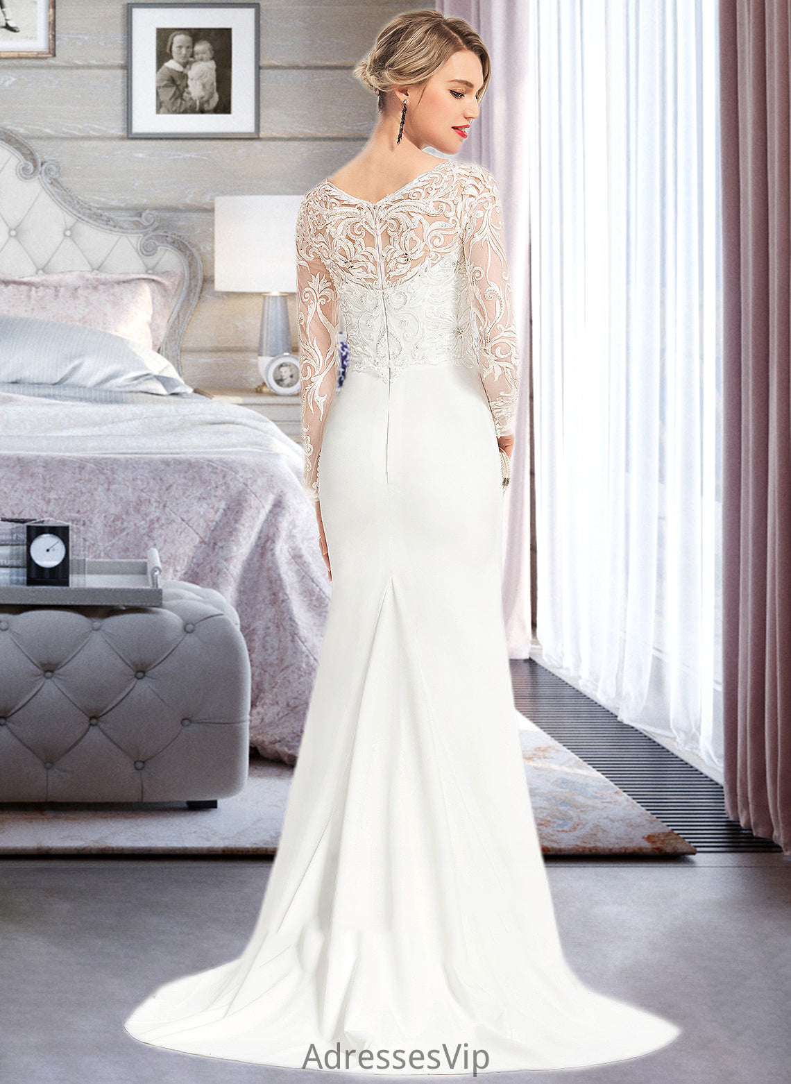 Caitlyn Trumpet/Mermaid V-neck Sweep Train Stretch Crepe Wedding Dress With Beading Sequins HCP0013816