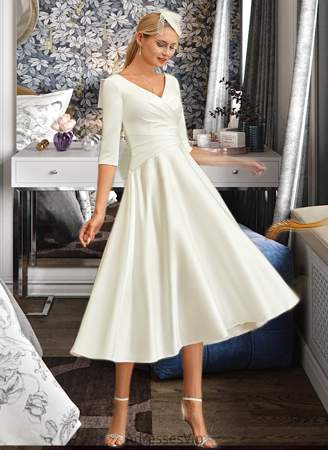 Marisol A-Line V-neck Tea-Length Satin Wedding Dress HCP0013817