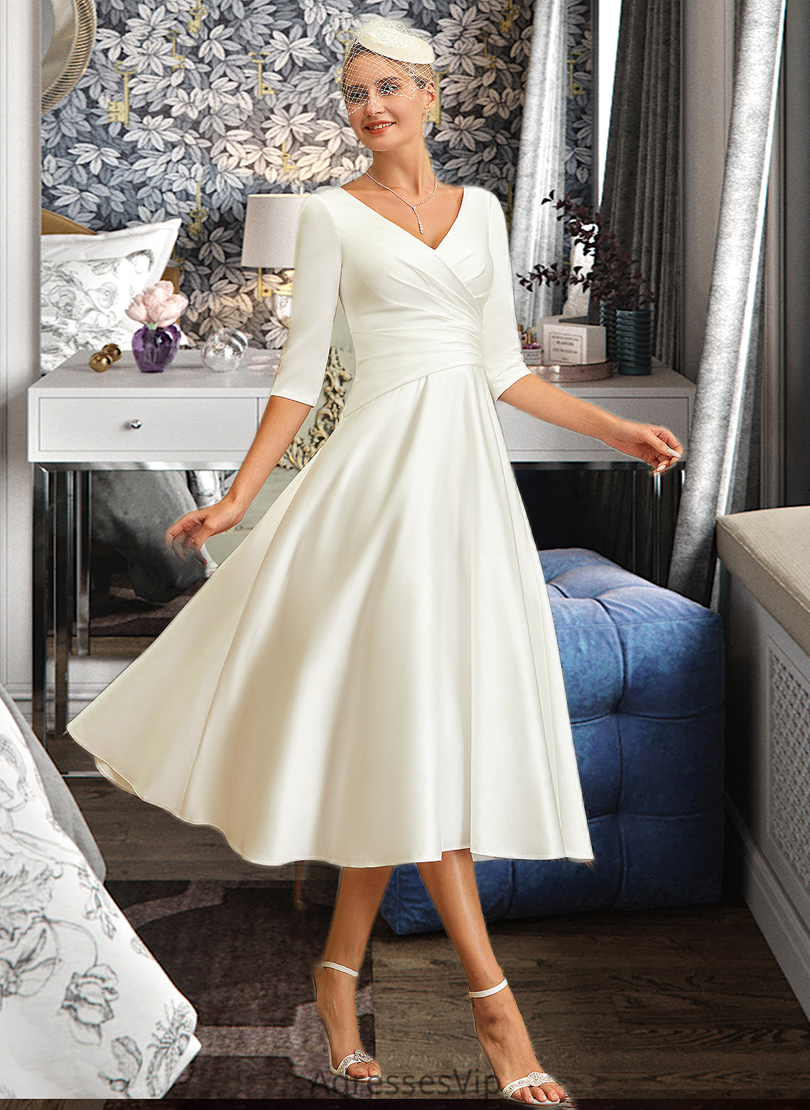 Marisol A-Line V-neck Tea-Length Satin Wedding Dress HCP0013817