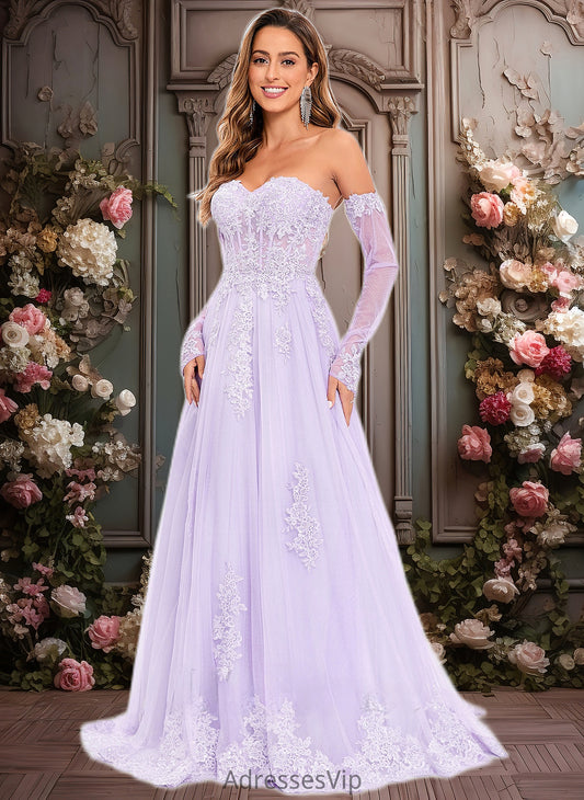 Tania A-line Sweetheart Sweep Train Tulle Prom Dresses With Sequins Appliques Lace HCP0025856