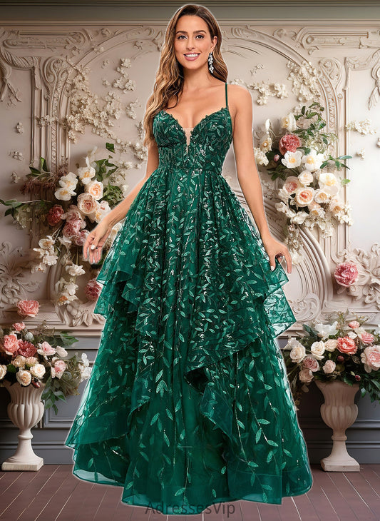 Roberta Ball-Gown/Princess V-Neck Floor-Length Lace Floral Prom Dresses With Sequins HCP0025838