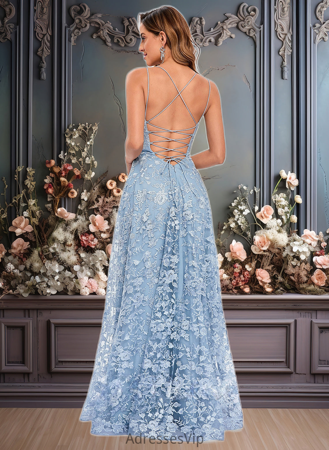 Zoie A-line Scoop Floor-Length Lace Floral Prom Dresses HCP0025847