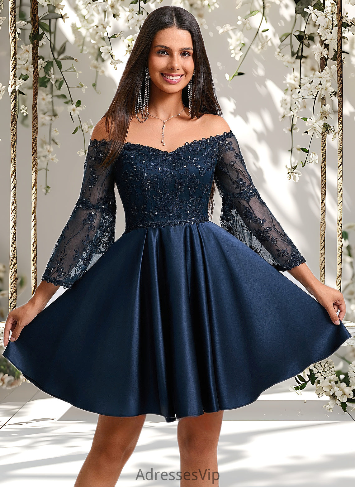 Juliana A-line Off the Shoulder Short Satin Homecoming Dress With Sequins HCP0025651