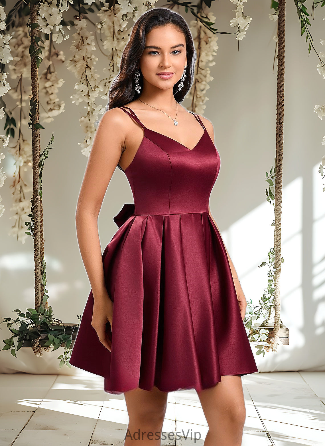 Elaina Ball-Gown/Princess V-Neck Short Satin Homecoming Dress With Bow HCP0025662