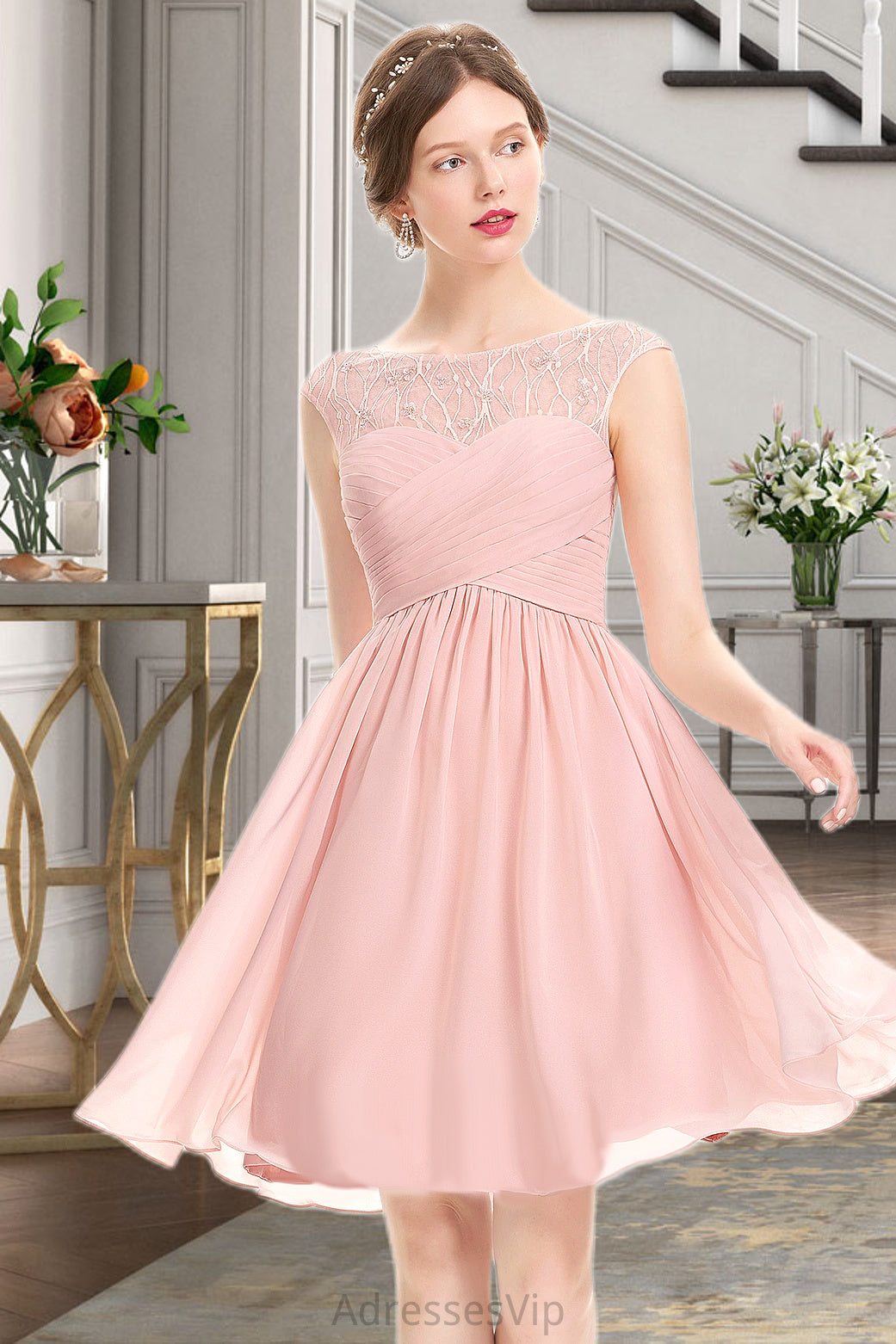 Gill A-line Scoop Knee-Length Chiffon Tulle Homecoming Dress With Beading Ruffle HCP0020594