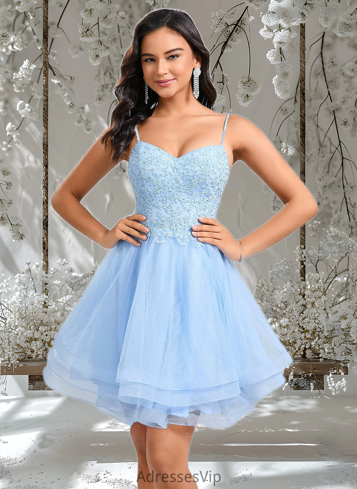 Hope A-line V-Neck Short Lace Tulle Homecoming Dress With Rhinestone Sequins HCP0025658