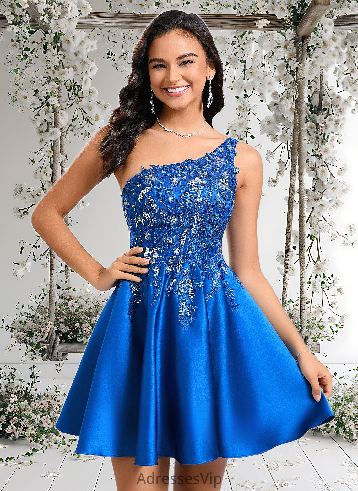 Madeline A-line One Shoulder Short Satin Homecoming Dress With Appliques Lace Sequins HCP0025657