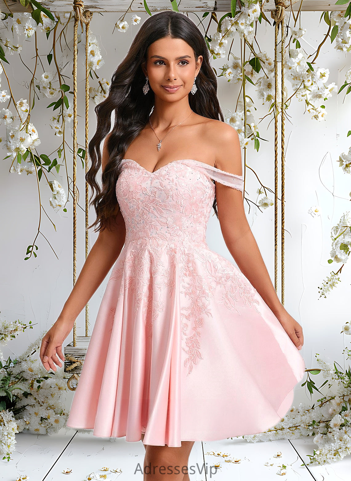 Elisa A-line Off the Shoulder Short Satin Homecoming Dress With Rhinestone Beading Appliques Lace HCP0025679