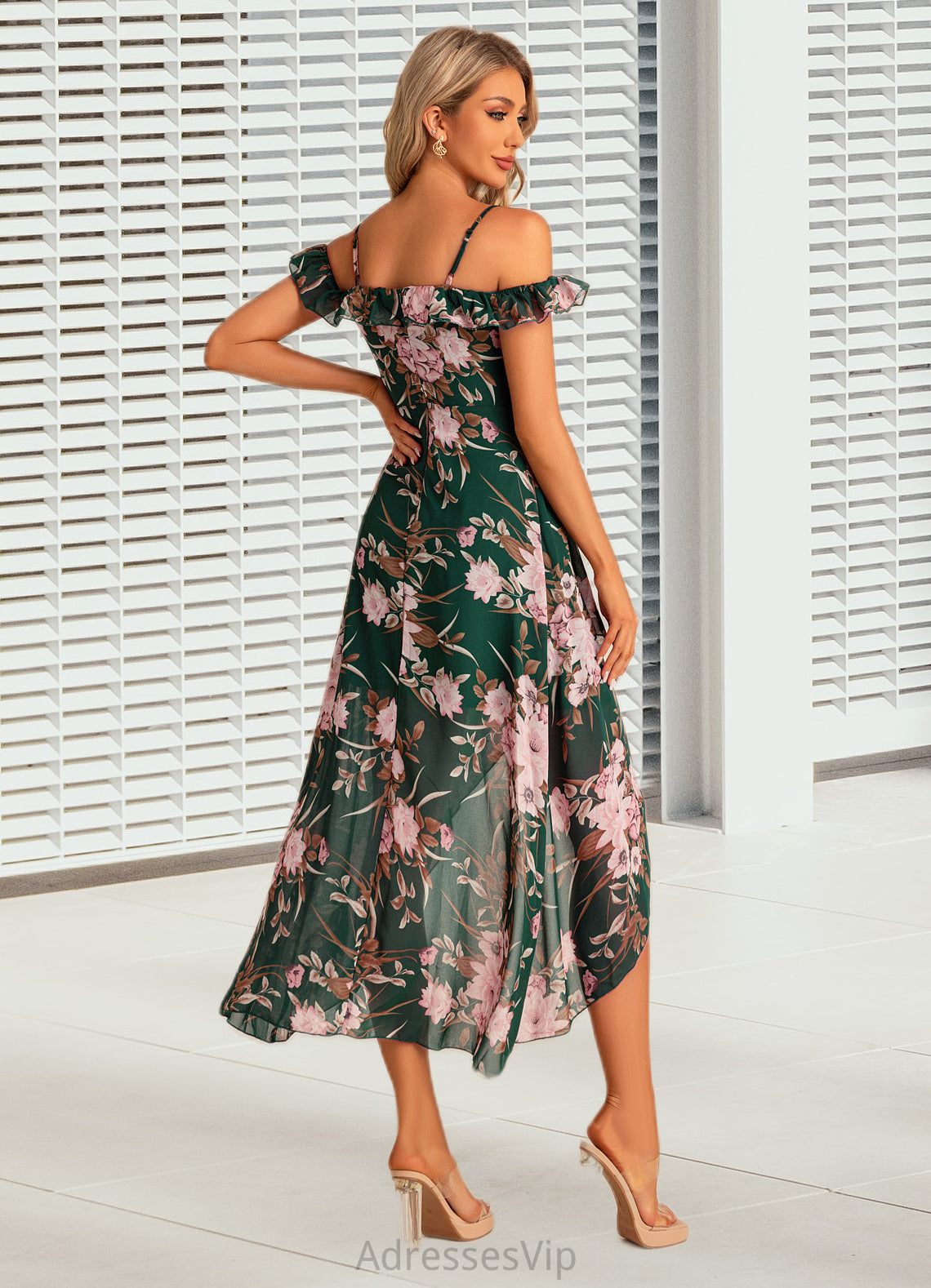 Tess A-line Sweetheart Tea-Length Asymmetrical Chiffon Bridesmaid Dress With Floral Print Ruffle HCP0022572