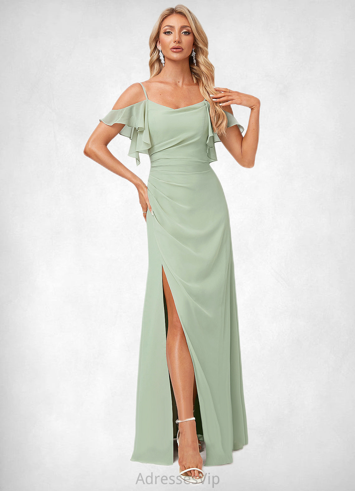 Holly A-line Cold Shoulder Floor-Length Chiffon Bridesmaid Dress With Ruffle HCP0022586