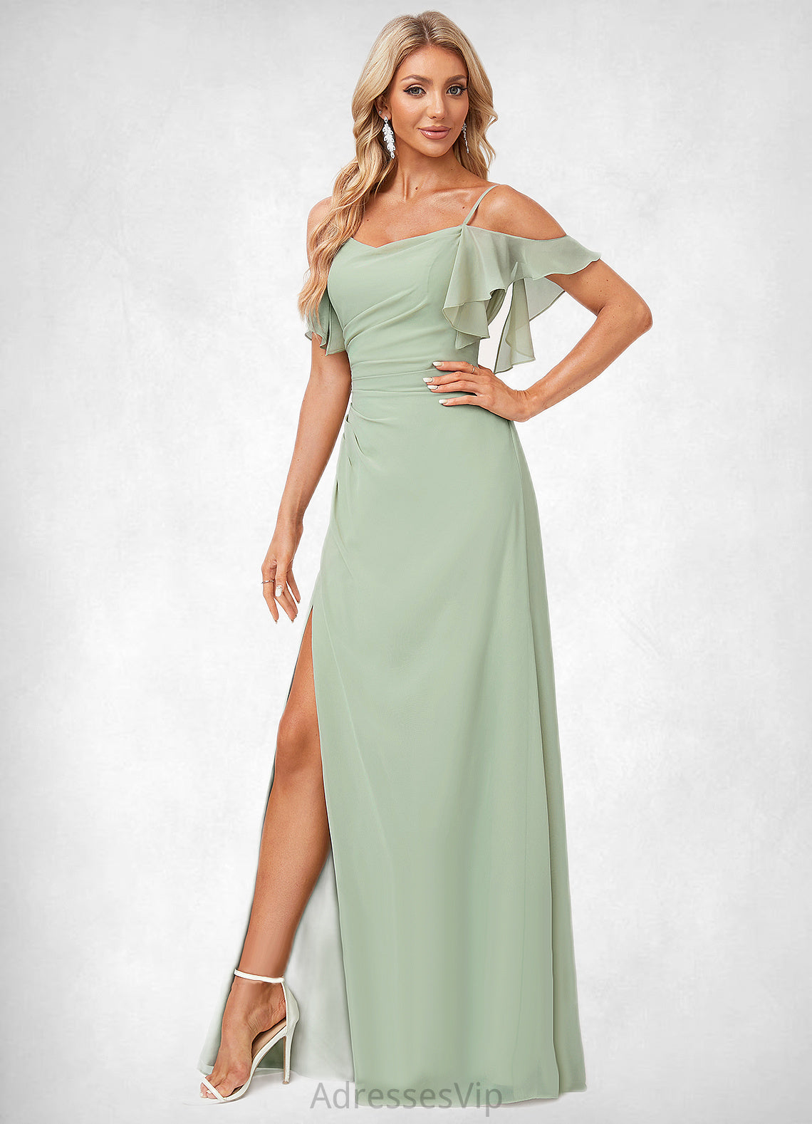 Holly A-line Cold Shoulder Floor-Length Chiffon Bridesmaid Dress With Ruffle HCP0022586