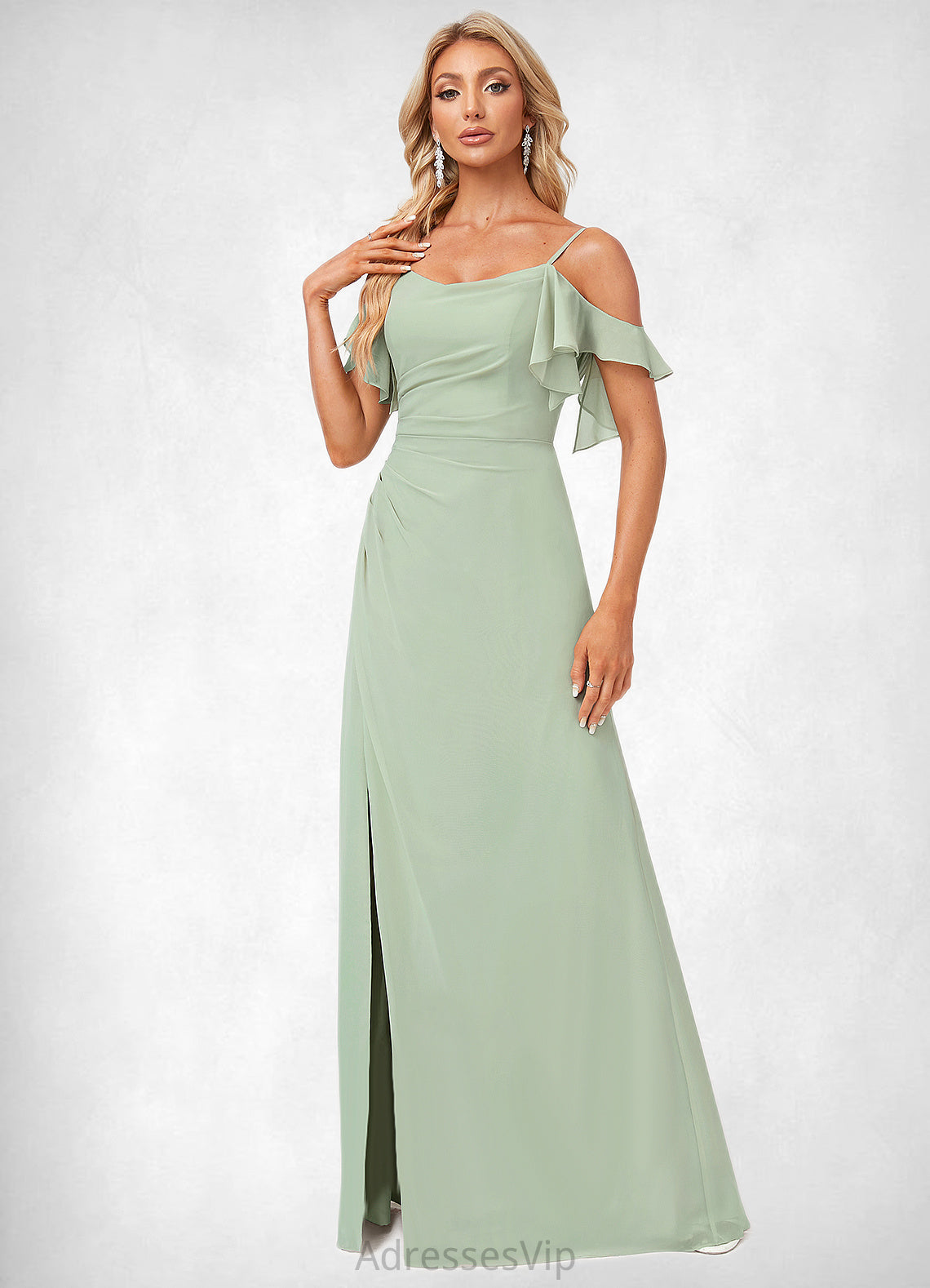 Holly A-line Cold Shoulder Floor-Length Chiffon Bridesmaid Dress With Ruffle HCP0022586