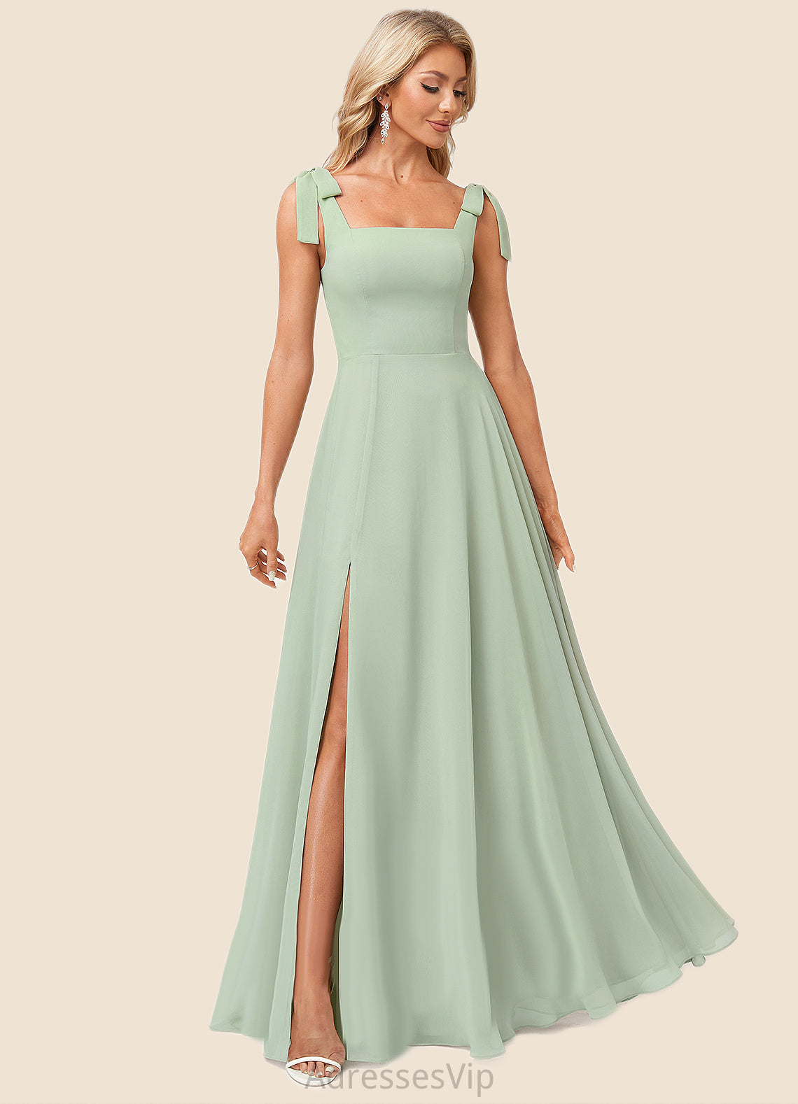 Kaylin A-line Square Floor-Length Chiffon Bridesmaid Dress With Bow HCP0022588