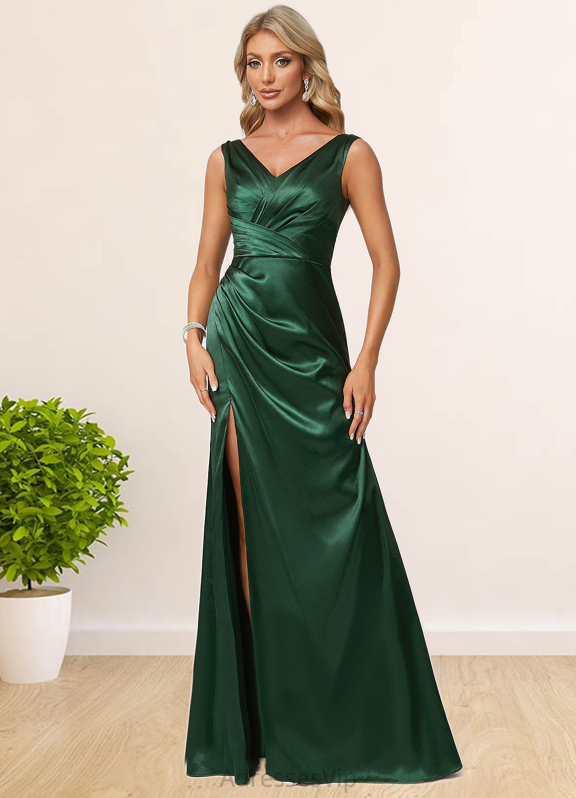 Maggie A-line V-Neck Floor-Length Stretch Satin Bridesmaid Dress HCP0022590