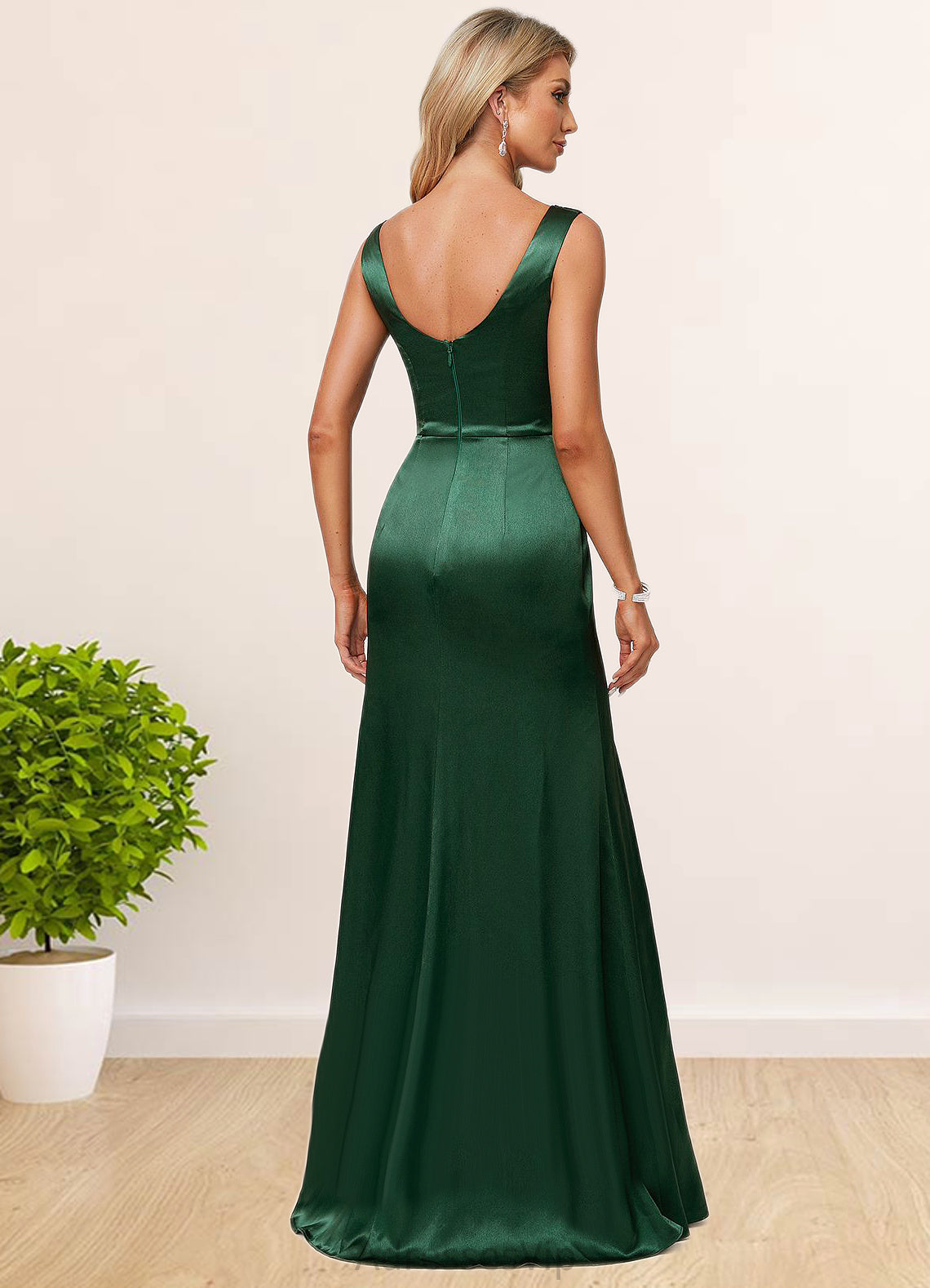 Maggie A-line V-Neck Floor-Length Stretch Satin Bridesmaid Dress HCP0022590