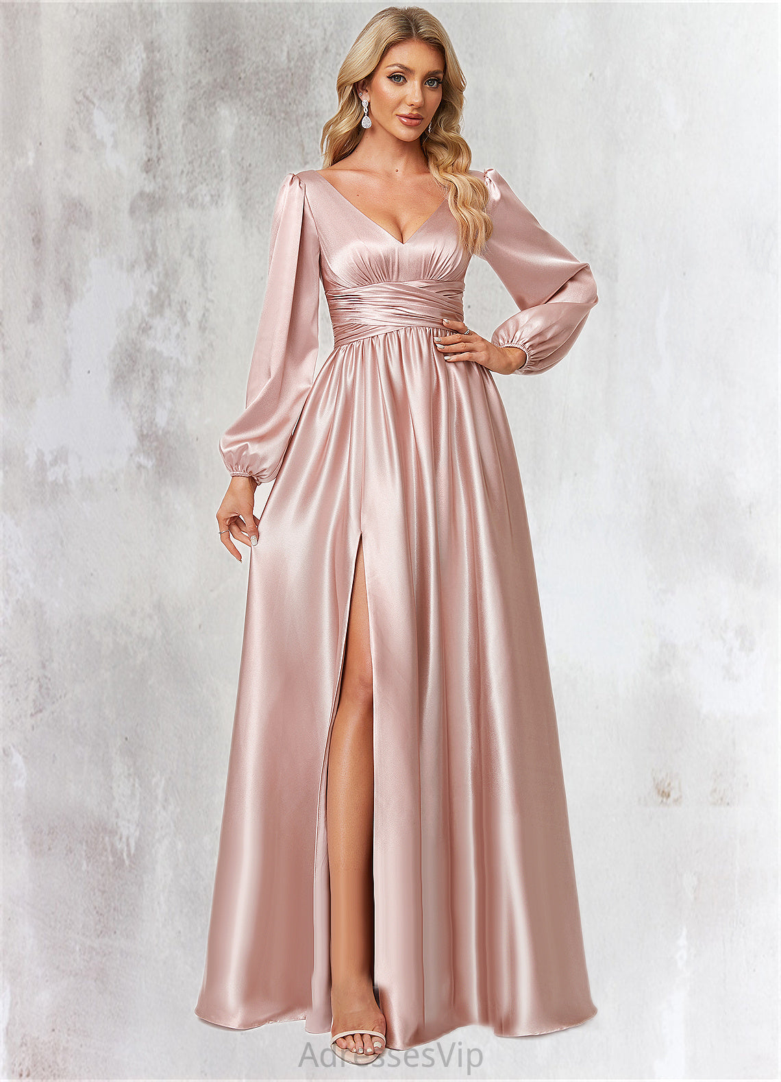 Melany A-line V-Neck Floor-Length Stretch Satin Bridesmaid Dress HCP0022597