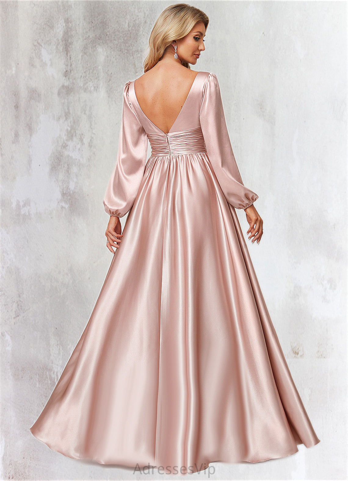 Melany A-line V-Neck Floor-Length Stretch Satin Bridesmaid Dress HCP0022597