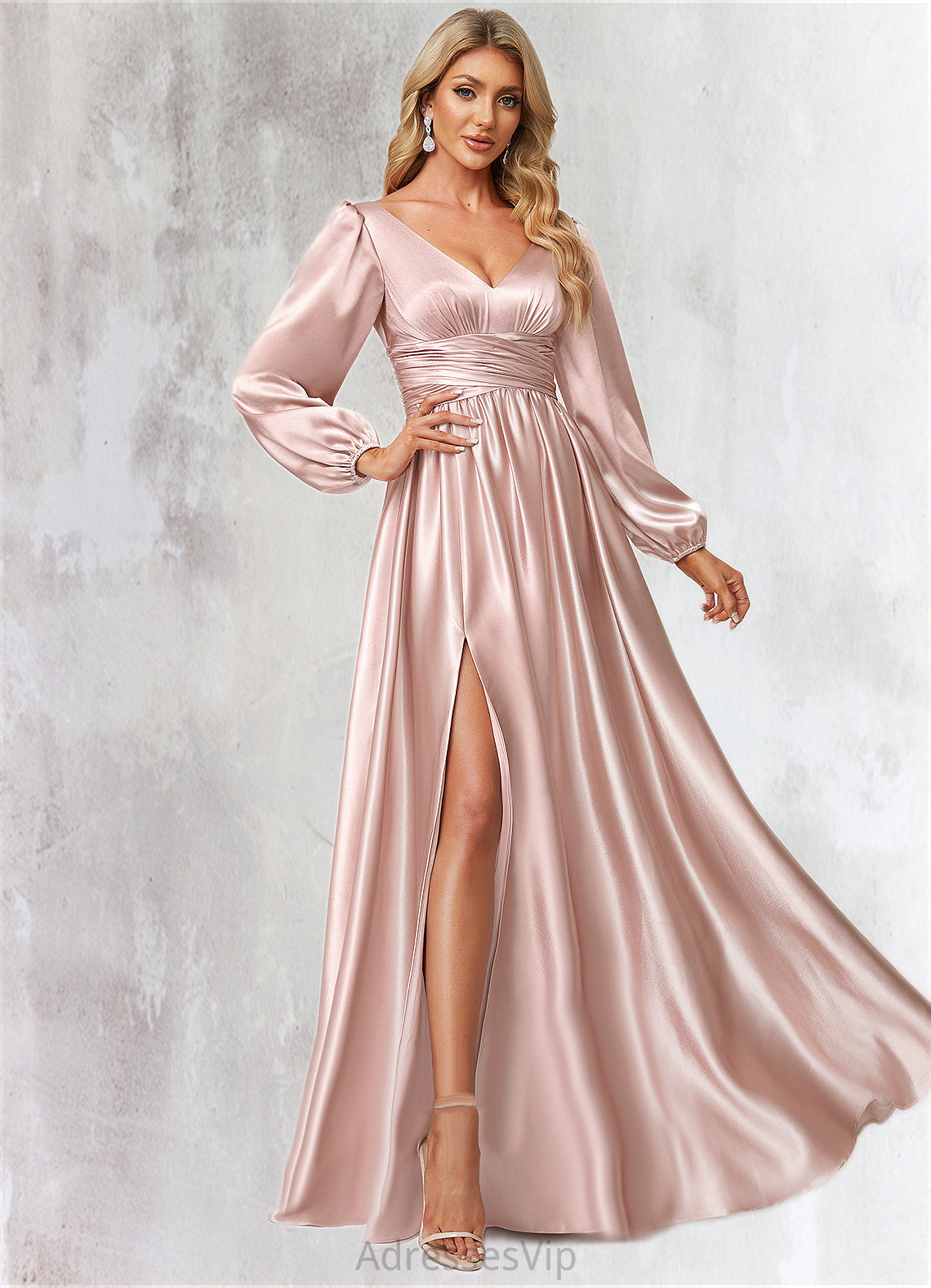 Melany A-line V-Neck Floor-Length Stretch Satin Bridesmaid Dress HCP0022597