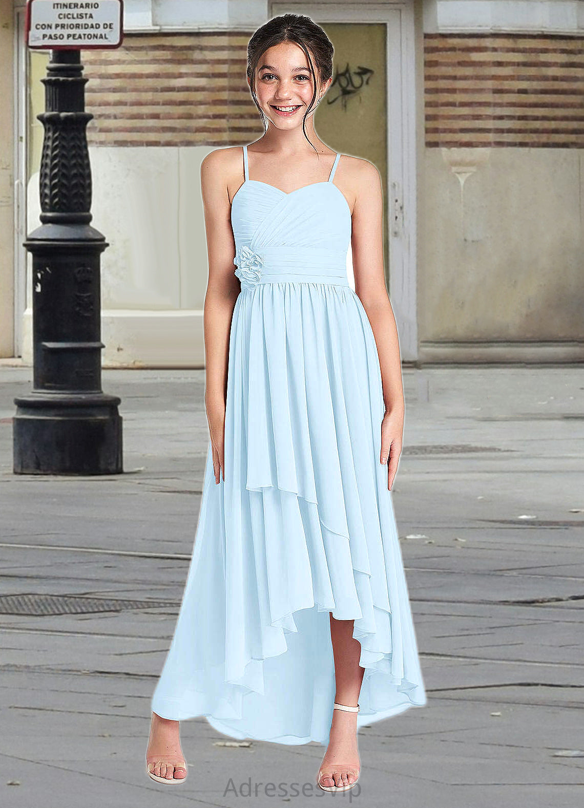 Laurel A-Line Ruched Chiffon Asymmetrical Junior Bridesmaid Dress Sky Blue HCP0022848