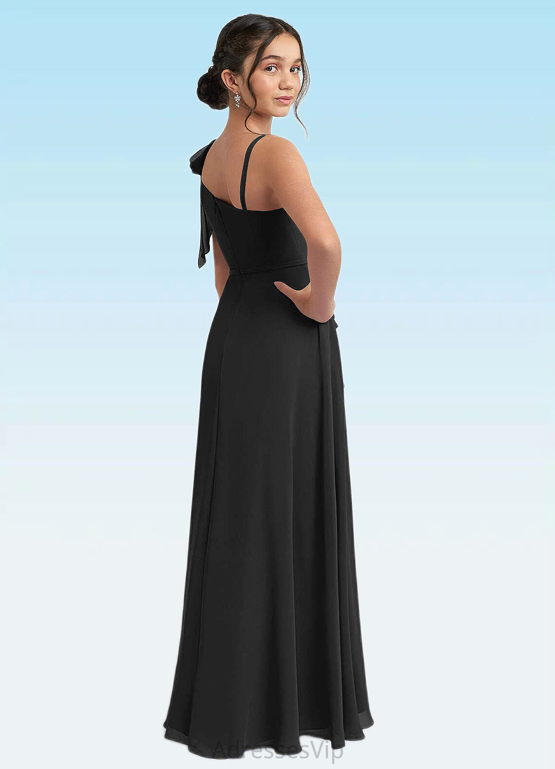 Eleanor A-Line Bow Chiffon Floor-Length Junior Bridesmaid Dress black HCP0022850