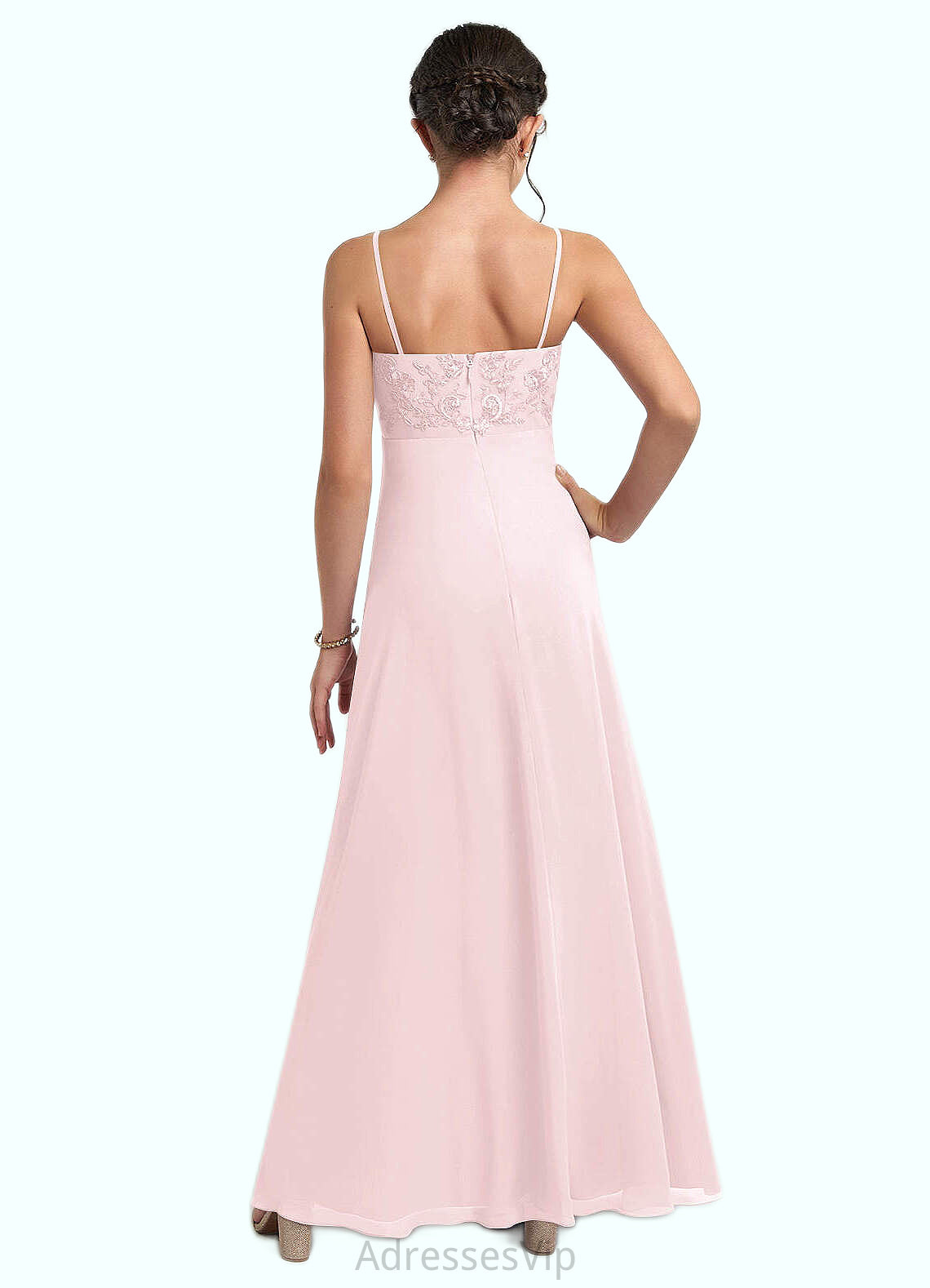 Naomi A-Line Lace Chiffon Floor-Length Junior Bridesmaid Dress Blushing Pink HCP0022853