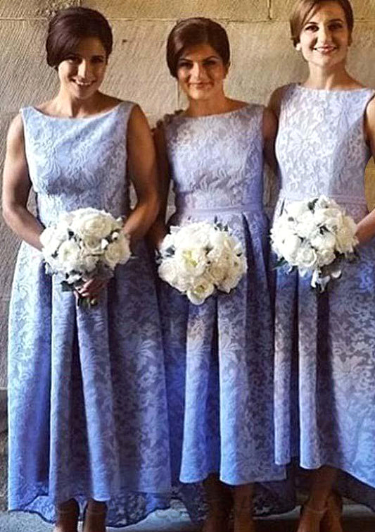 Bateau Sleeveless Asymmetrical A-line/Princess Lace Bridesmaid Dresseses With Pleated Gwendoline HCP0025576