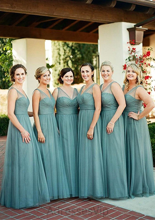 Sleeveless V Neck Tulle Long/Floor-Length A-line/Princess Bridesmaid Dresseses With Pleated Annabelle HCP0025578